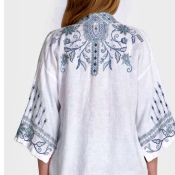 JOHNNY WAS Maike Embroidered Linen Kimono Sz SMALL Blue White Pockets New W/Tags - Picture 2 of 7